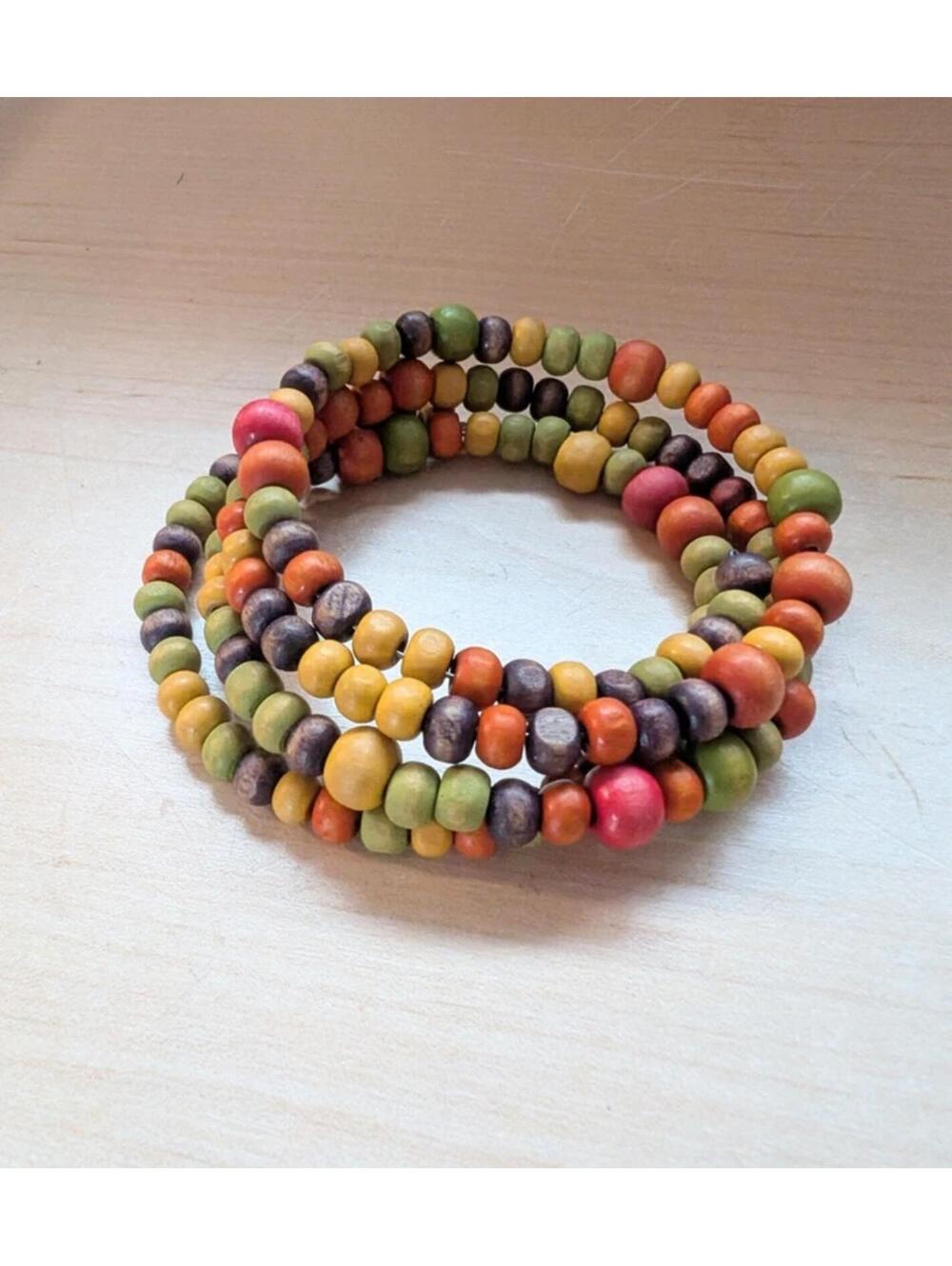 SOLD Rainbow Wooden Memory Wire Beaded Bracelet